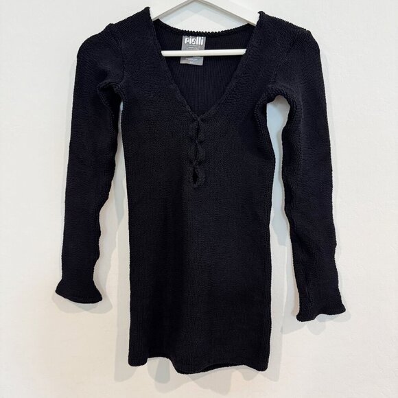 Rielli Crinkle Cut Out Long Sleeve Bodycon Mini Dress Resort Wear Swim Black M/L - Picture 1 of 5